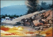 watercolor landscape, rocks, small house
